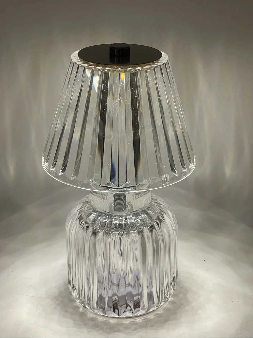 Clear Ribbed Glass Base Vanity Table Lamp Hard Pleated Acrylic Plastic LED Shade